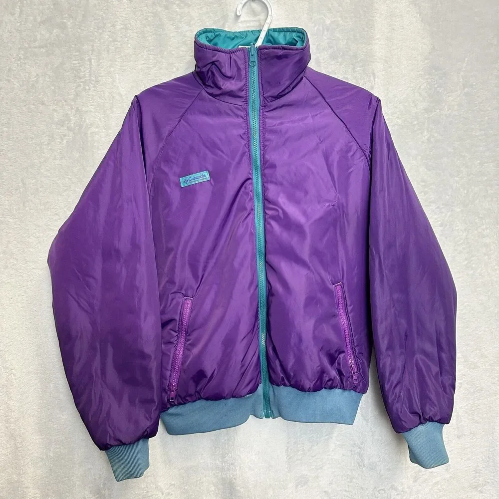 Vtg 90s Columbia Sportswear Bomber Jacket Reversible Teal/Purple Women’s Large